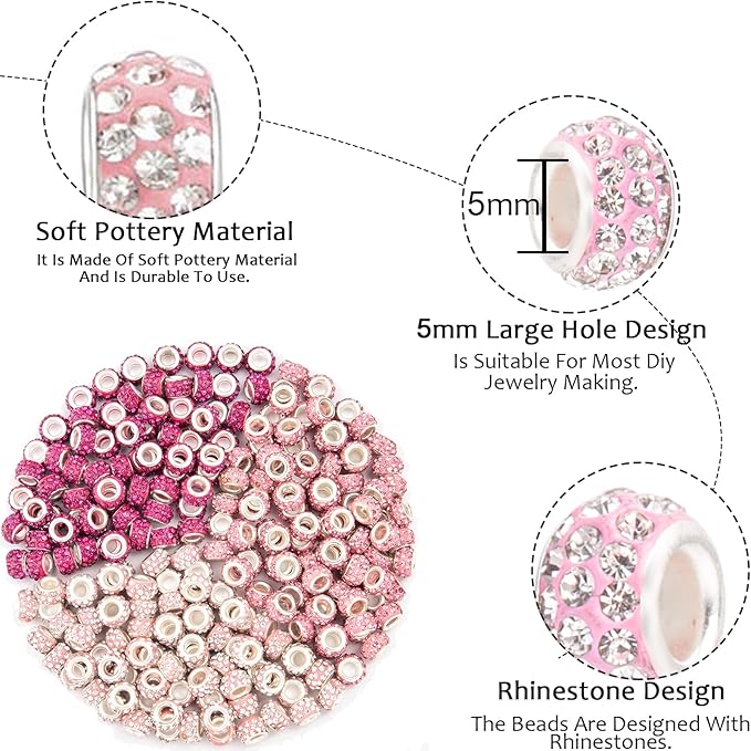 200 Pieces European Large Hole Spacer Beads, Pink European Craft Beads Rhinestone Lampwork Beads Fairy Garden Beads for DIY Charms Bracelet Necklace Earring Jewelry Making Supplies