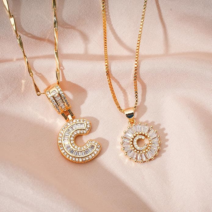 Letter Necklace 14k Gold Plated Bling Dainty Necklaces Trendy Chunky Custom Name Necklace Personalized Round Circle Pendant Zirconia Letters Name Crystal Jewelry Gifts for Women