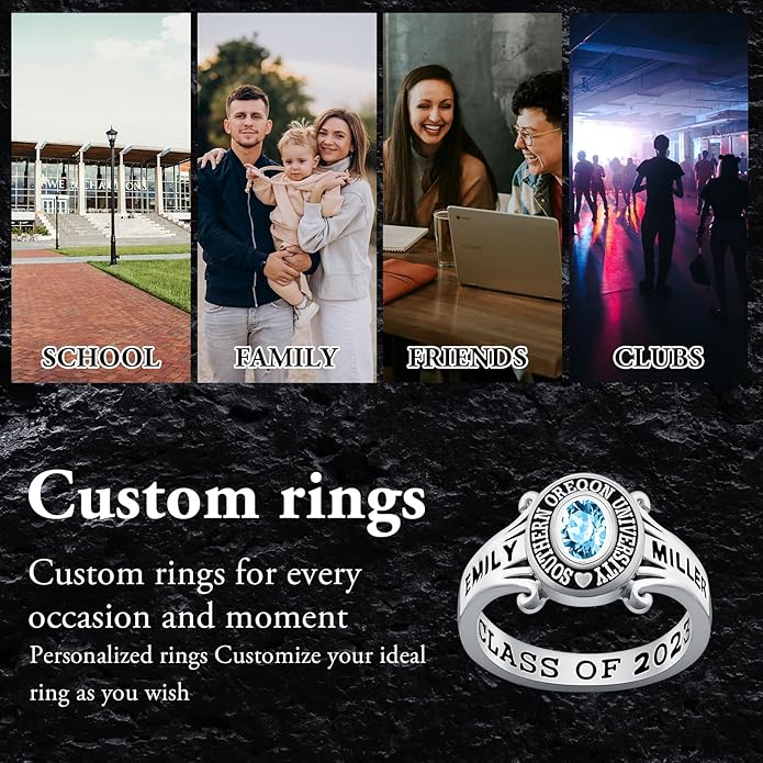 Custom Class Ring 925 Sterling Silver Birthstone Customized Personalized High School College University Women's Class Ring Graduation Gifts
