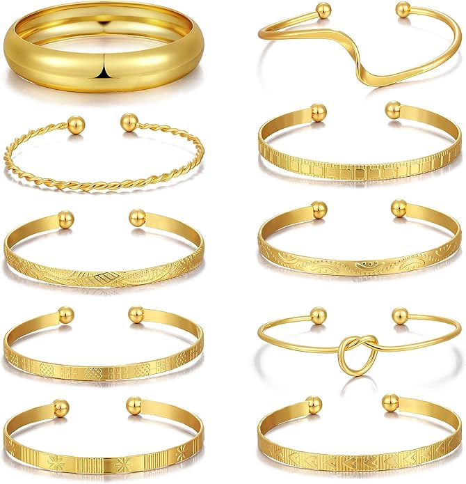 YEEZII Gold Bangle Bracelets for Women, 7Pcs 14K Gold Plated Boho Indian Multi Stackable Textured Bracelets, Chunky Bangles Set for Women Jewelry Gifts