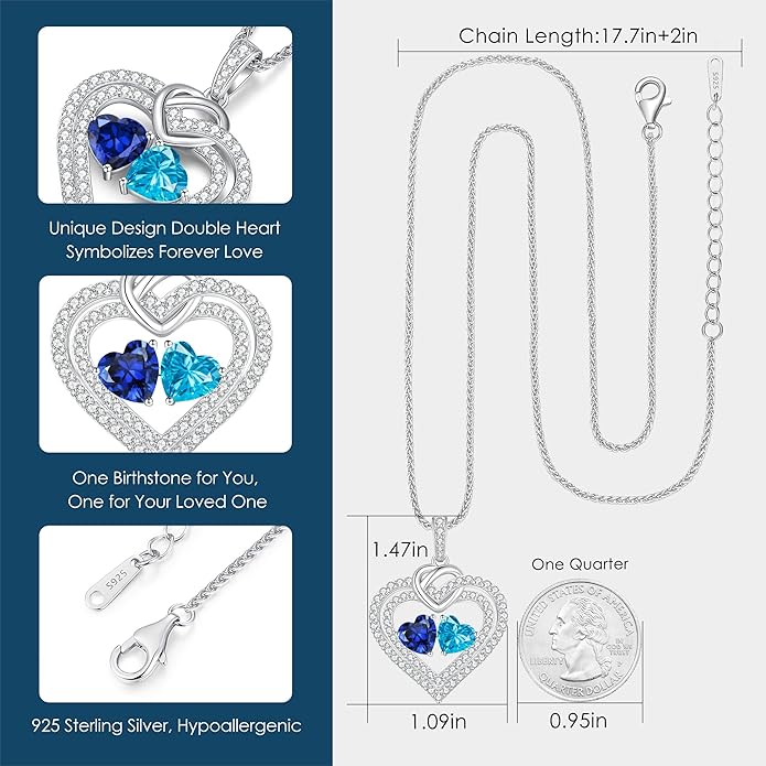 LOUISA SECRET Sparkling Double Heart Birthstone Necklaces for Women, 925 Sterling Silver Fine Jewelry, Pendant Heart Necklaces Birthday Anniversary Christmas Gift for Women Wife Mom Girlfriend Lady