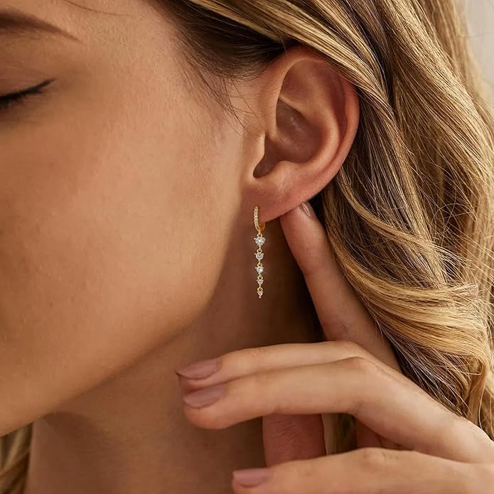 14K Gold Plated Dangle Earrings for Women Dainty Silver Drop Earring Trendy Small Long Dangling Wedding Bridesmaid Hoop Diamond Crystal Cute Earring Jewelry Valentine Gifts