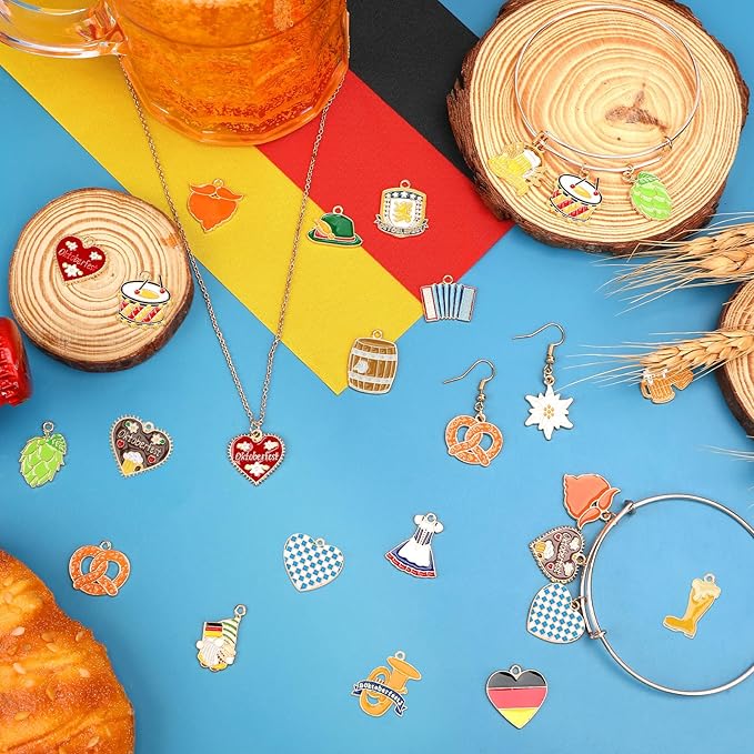 MARFOREVER 40Pcs/20 Pairs Oktoberfest Charms for Jewelry Making, Beer Theme Festival Charm German Beer Mug Pretzel Dangle Charms for Bracelet Necklace Earrings Making Accessories
