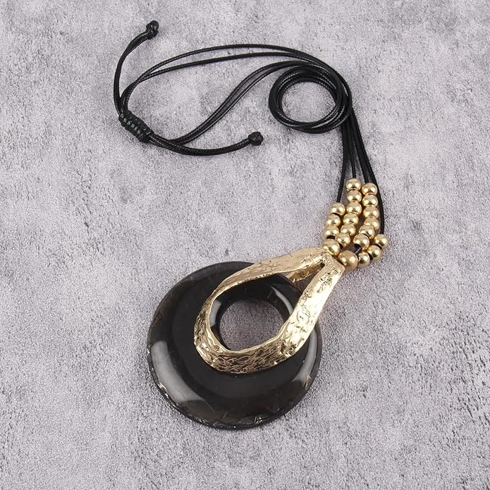 GelConnie Leather Necklace for Women Large Pendant Long Brown Necklace Circle Leather Choker Vintage Sweater Necklace Gold Chunky Boho Necklaces for Women