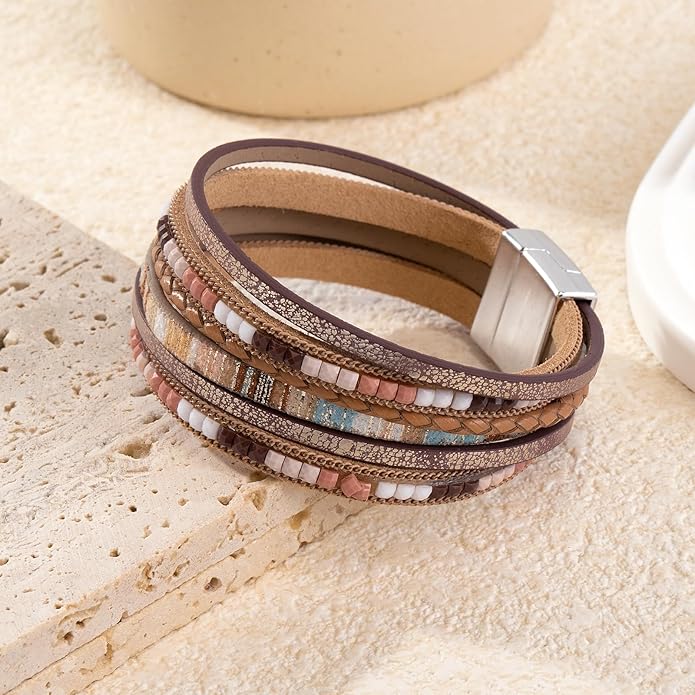Wrapped Bracelets for Women,Leather Bracelet,Boho Bracelets for Women,Multi-Layer Pearl Crystal Bracelet Bangle Jewelry