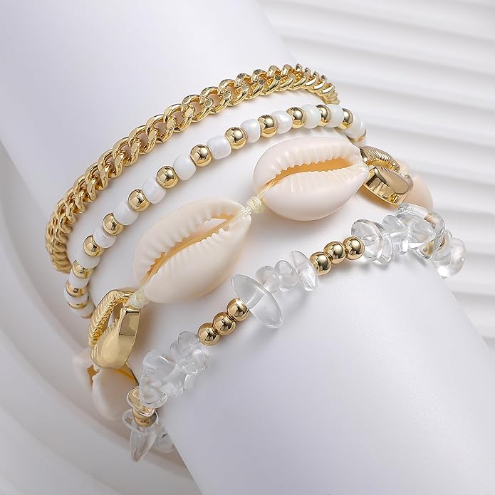Shell Bracelet Seashell Boho Beaded Stretch Bracelets for Women Summer Beach Bracelets Starfish Charm Bracelet Stackable Gold Plated Bracelets Set for Women