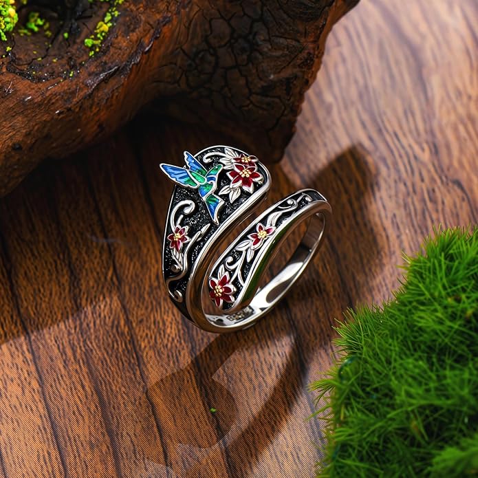 LOANGO Spoon Ring for Women 925 Sterling Silver Spoon Rings Adjustable Oxidized Vintage Thumb Rings Sunflower Hummingbird Butterfly Bee Cardinal Jewelry Gifts for Women Men