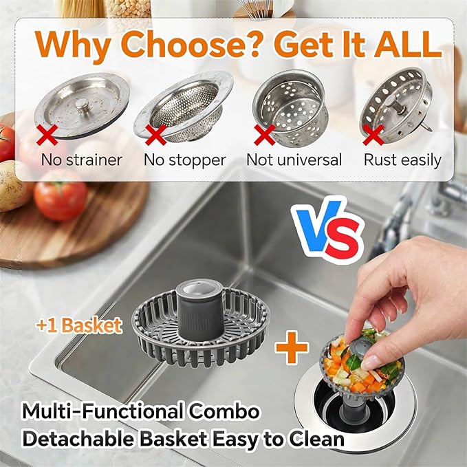 Kitchen Sink Stopper, 3 in 1 Pop Up Kitchen Sink Drain Strainer, - Image 3