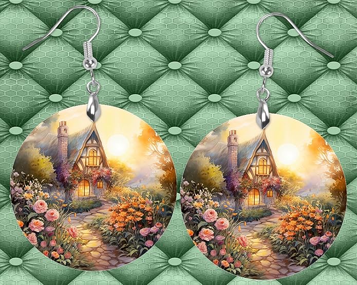 Round Wood Earrings Light Weight Printed Image Dangle Jewelry