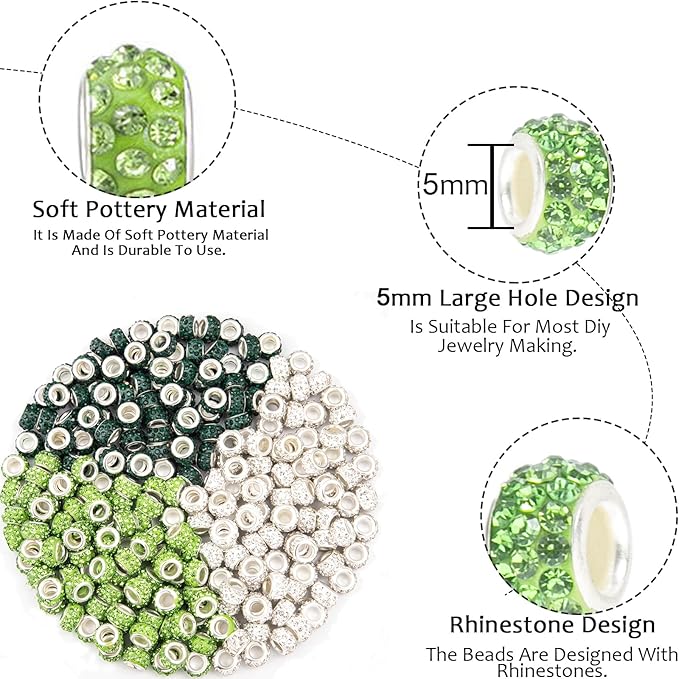 200 Pieces European Large Hole Spacer Beads, Green European Craft Beads Rhinestone Lampwork Beads Fairy Garden Beads for DIY Charms Bracelet Necklace Earring Jewelry Making Supplies