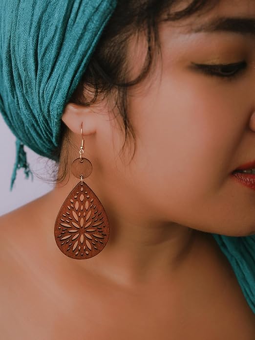 MINACHI Bohemian Hollow Cut-Out Wood Leather Dangle Drop Earrings, Boho Chic Hippie Statement Jewelry Gift for Women