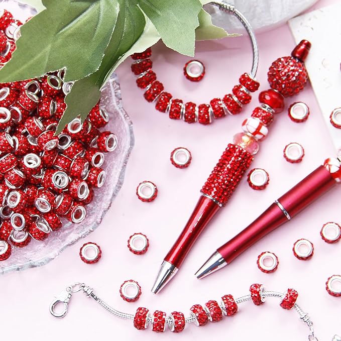 100Pcs Rhinestone Large Hole Beads Spacer Beads Red European Craft Big Beads Large Hole Rhinestones Lampwork Murano Bead Fairy Wand Garden Beads for DIY Bracelet Necklace Jewelry Making Supplies