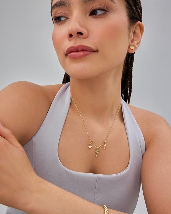PAVOI 14K Gold Plated Dainty Necklace with Charms Set - Hypoallergenic Adjustable Chain Gold Charm Necklace for Women - Small Motif & Mantra 2 and 3-Pack Removable Pendants - Cute Jewelry Gifts