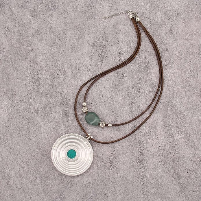 Boho Necklaces for Women Chunky Circle Necklace Layered Boho Circle Leather Choker Necklace Long Vintage Necklaces Bohemian Jewlery Gifts