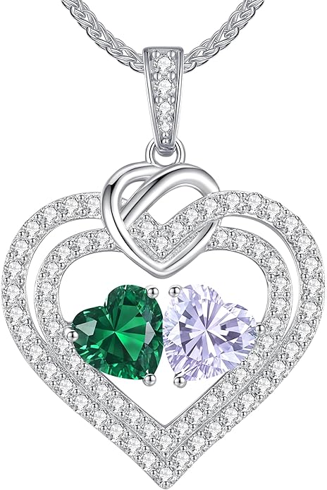 LOUISA SECRET Sparkling Double Heart Birthstone Necklaces for Women, 925 Sterling Silver Fine Jewelry, Pendant Heart Necklaces Birthday Anniversary Christmas Gift for Women Wife Mom Girlfriend Lady