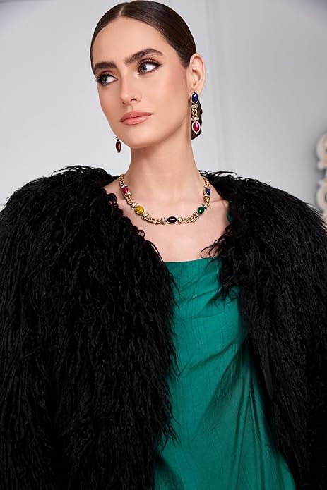 Multicolor natural stone necklace for women – vintage gold-plated copper alloy statement jewelry with rhinestone accents