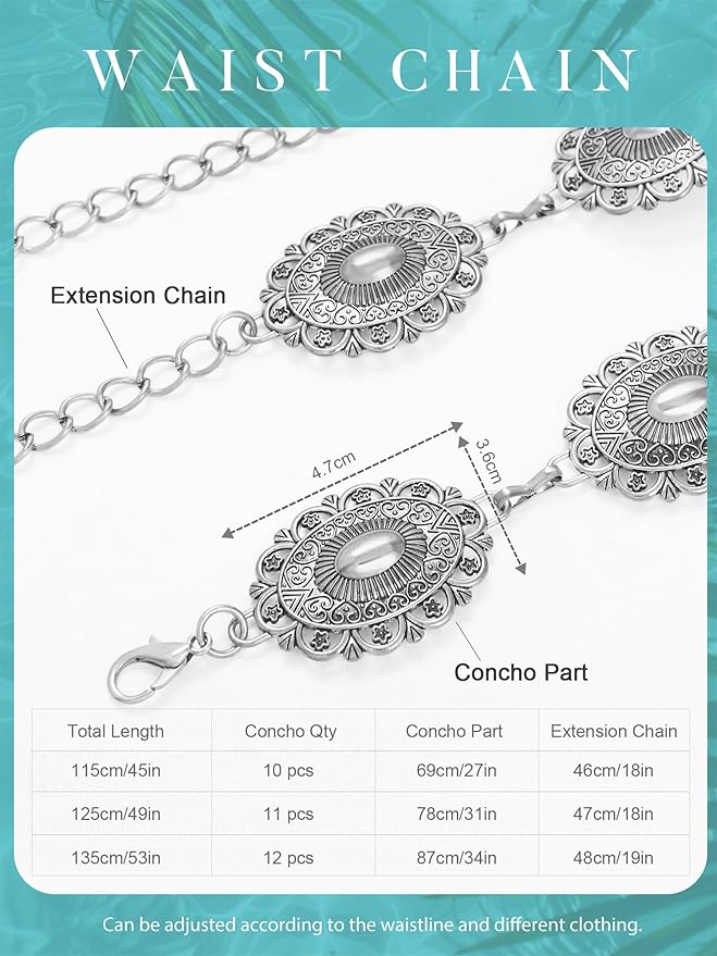 FIORETTO Metal Waist Chain Link Belt for Women Western Cowgirl Boho Turquoise Belts for Dress Jeans Country Concert Outfit
