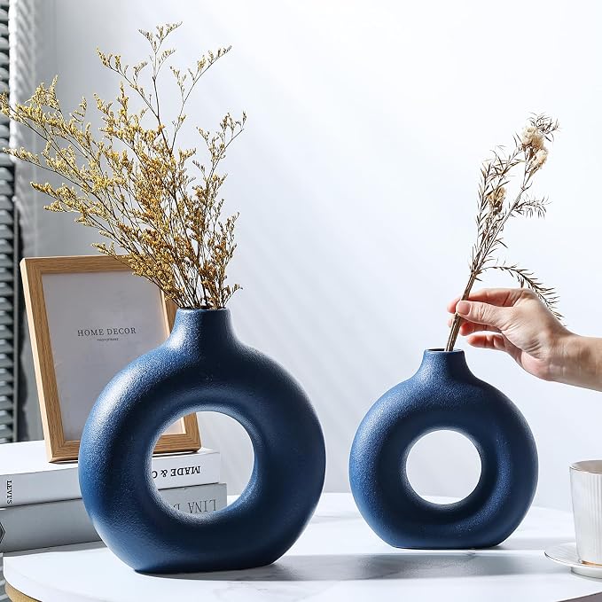 Blue Ceramic Donut Vase Set of 2, Hollow Round Matte Pampas Flower Vases - Image 8
