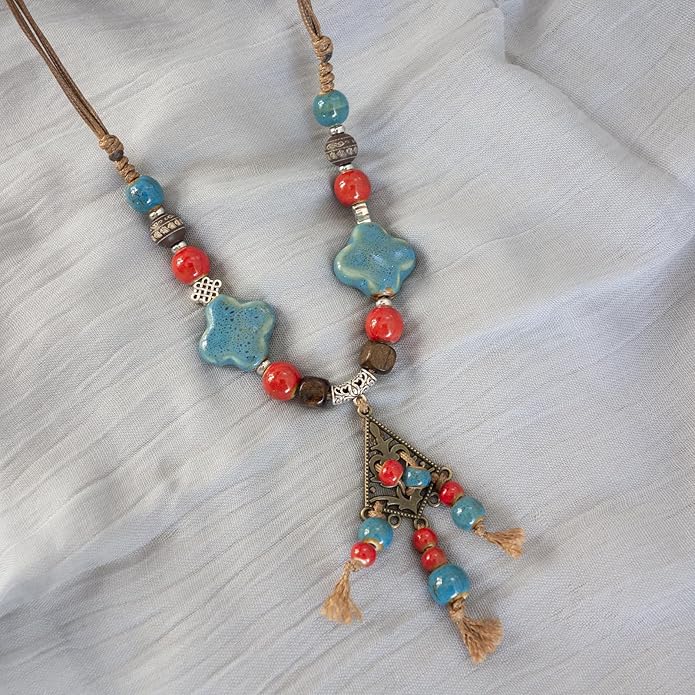 Boho Style Colorful Ceramic Bead Strand Necklace Adjustable Bohemian Jewelry Gift for Women, Fashion Clothing Matching Necklace