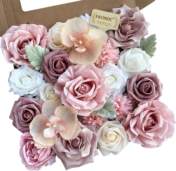 FACINOC Roses Artificial Flowers Pink Bouquet Dusty Fake Flower Box Set | DIY by FACINOC
