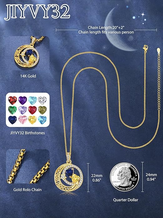 14K Gold Moon and Star Necklace Gifts for Women - Double Heart Birthstone Necklace, Valentines Wedding Anniversary Birthday Gifts for Her Wife Mom Daughter Grandma Sister