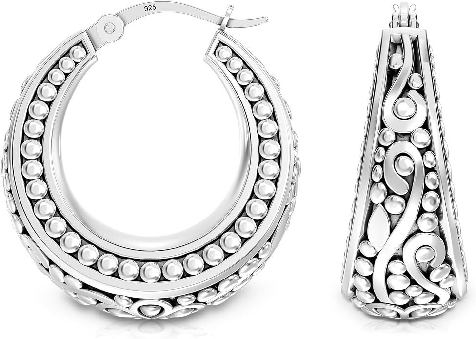 LeCalla 925 Sterling Silver Bali-Style Hoop Earrings Lightweight Click-Top Antique Two-Tone Beaded Italian Bali Style Earring Hoops for Women