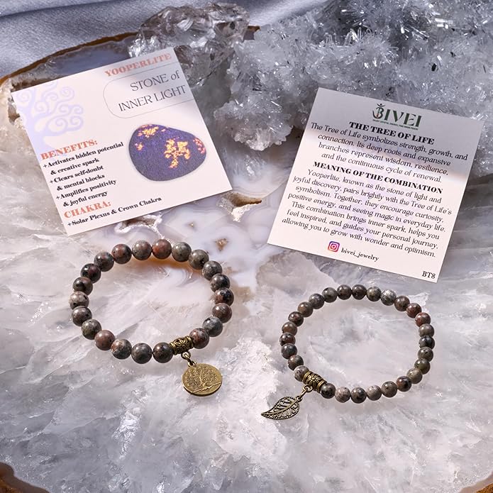 Bivei Natural Semi Precious Gemstone beads bracelet for women - Life Tree and Leaf Charm Energy Reiki Crystal Stretch Bracelets