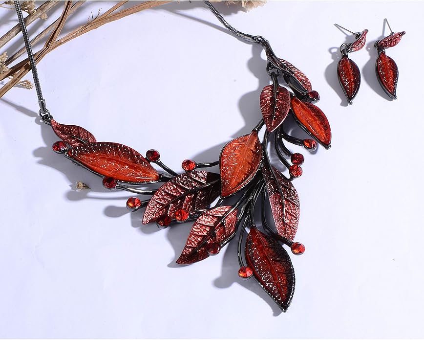 AMYJANE Vintage Statement Jewelry Set - Spring Leaf Flower Floral Plant Necklace Earring Set Crystal Rhinestone Fashion Costume Jewelry for Women Prom Party Unique Gift