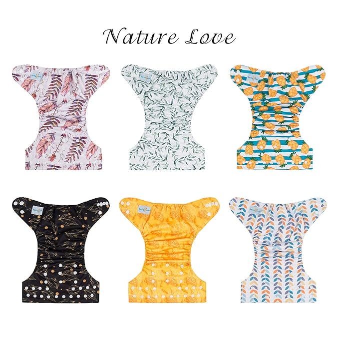 Babygoal Reusable Neutral Cloth Diapers 6 Pack with 10pcs Inserts, One Size Adjustable Washable Pocket Nappy Covers for Baby Boys and Girls 6FN06