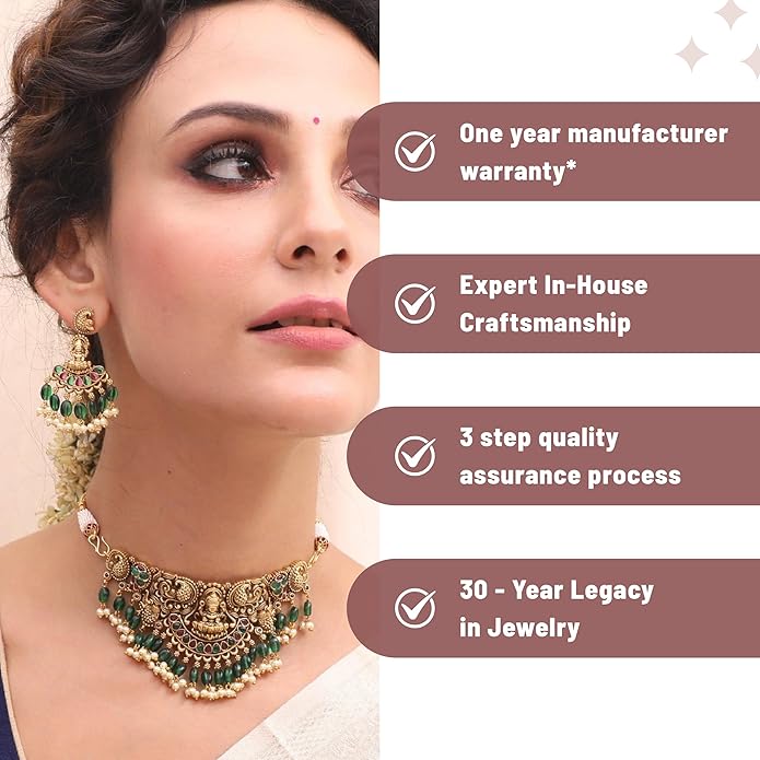 TARINIKA Brass Indian Choker Necklace Set - Gold Plated Cubic Zirconia Indian Jewelry Sets for Women Dangle, Drop, Jhumka Earrings Traditional Desi Necklace Pearls Gift for her