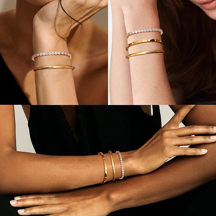 Fansilver 14K Gold Bracelets for Women Trendy Bangle Cuff Chain Bracelets Set Gold Plated Paperclip Bead Tennis Bracelet Chunky Gold Filled Bracelet Stack 3/4PCS