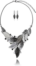 AMYJANE Vintage Statement Jewelry Set - Spring Leaf Flower Floral Plant Necklace Earring Set Crystal Rhinestone Fashion Costume Jewelry for Women Prom Party Unique Gift