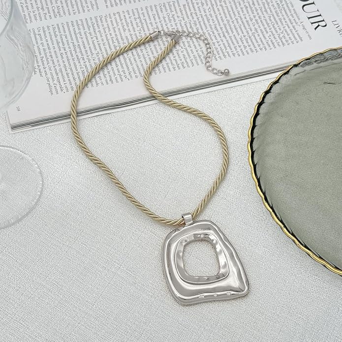 PLOUTOS Statement Modern Geometric Hollow Square Pendant Rope Chain Necklace for Women Bold Fashion Layering Collarbone Jewelry Party Wear Accessory