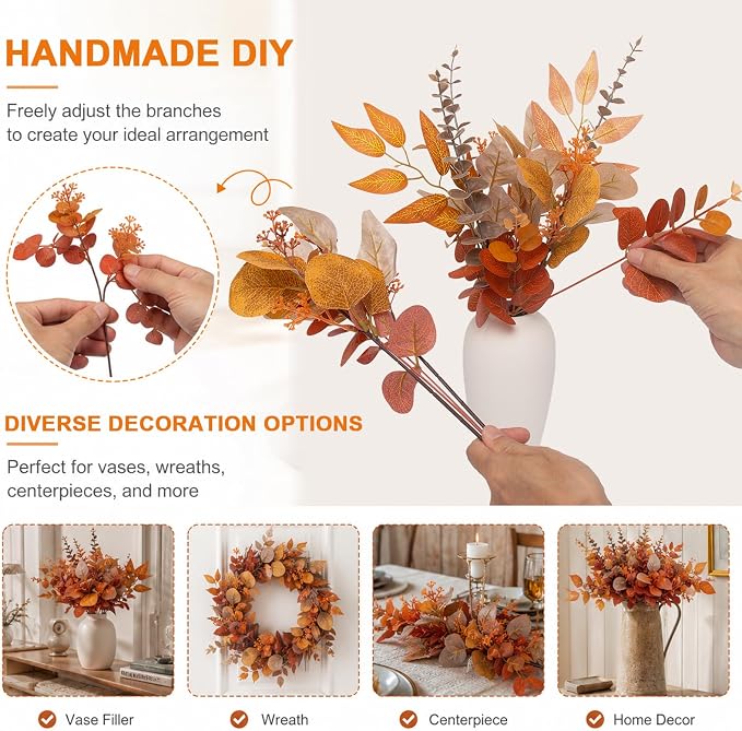 130 Pcs Fall Mixed Greenery Artificial Eucalyptus Stems Bulk, 6 Kinds of Fake - Image 4