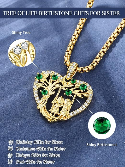 14K Gold Tree of Life Necklace for Sister Christmas Gifts from Sister,Heart Jewelry with Birthstone Pendant for Women Female Friendship Forever My Friend