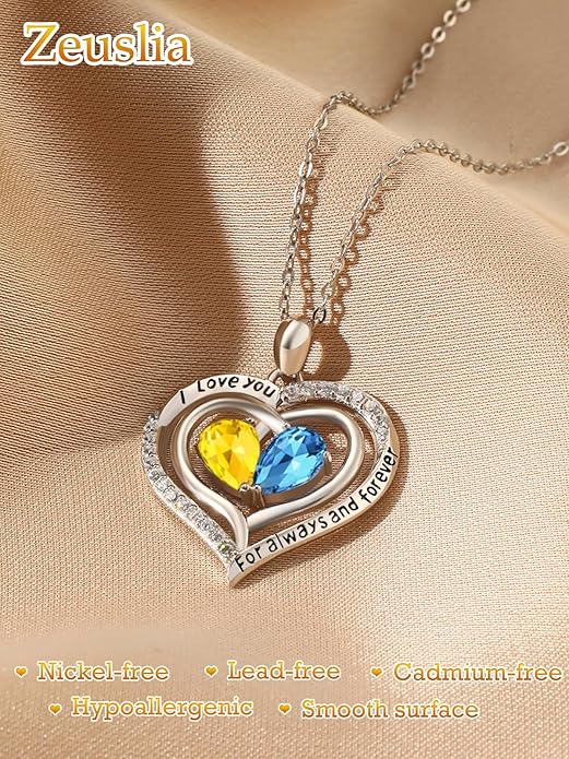 Valentine's Day Gifts for Wife 925 Sterling Silver Double Birthstone Pendant Necklaces I Love You for Always and Forever Necklace Anniversary Birthday Gifts for Wife Girlfriend Mom Her