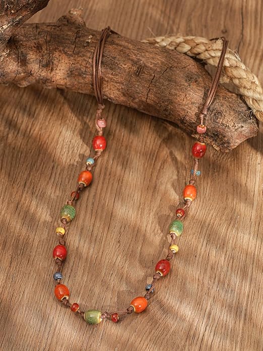 MINACHI Hippie Bohemian Colorful Ceramic Bead Long Strand Necklace, Boho Hippie Beach Summer Statement Jewelry Gift for Women
