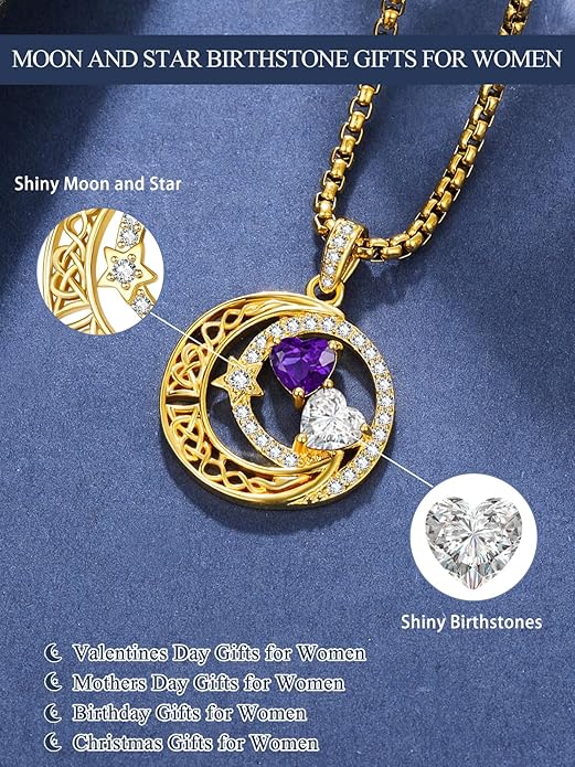 14K Gold Moon and Star Necklace Gifts for Women - Double Heart Birthstone Necklace, Valentines Wedding Anniversary Birthday Gifts for Her Wife Mom Daughter Grandma Sister