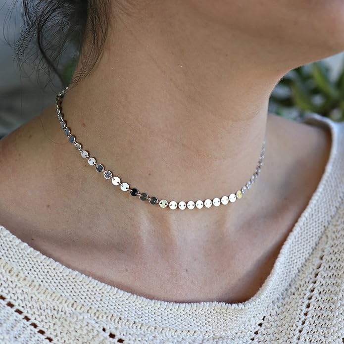 CHESKY 14k Gold Plated/Silver Plated Dainty Necklace for Women, Trendy Satellite Choker Necklace Thin Beaded Layered Choker Necklaces Discs Paperclip Chain Necklaces Womens Simple Jewelry