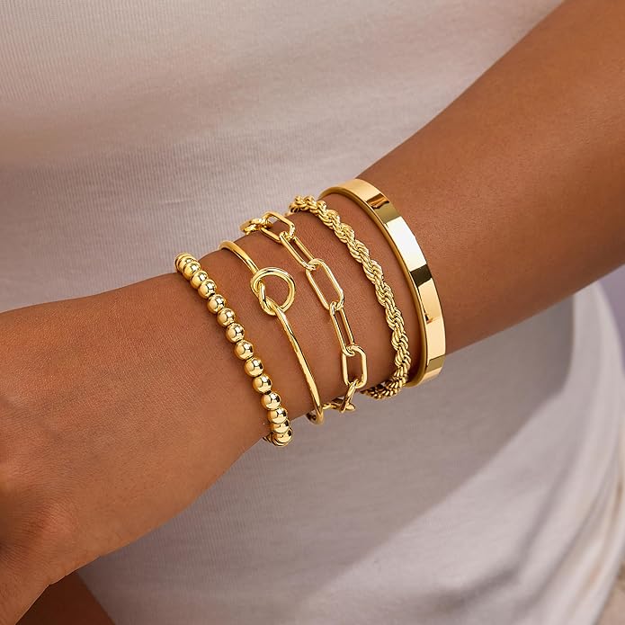 Gold Bracelets Set for Women Non Tarnish, 14K Gold Plated Sterling Silver Chunky Cuff Bracelet Stackable Gold Bangles Bracelet for Women Trendy Fashion Accessories Tie Knot Cuban Rope Paperclip Beaded Bracelet Stack Jewelry Valentines Day Gifts