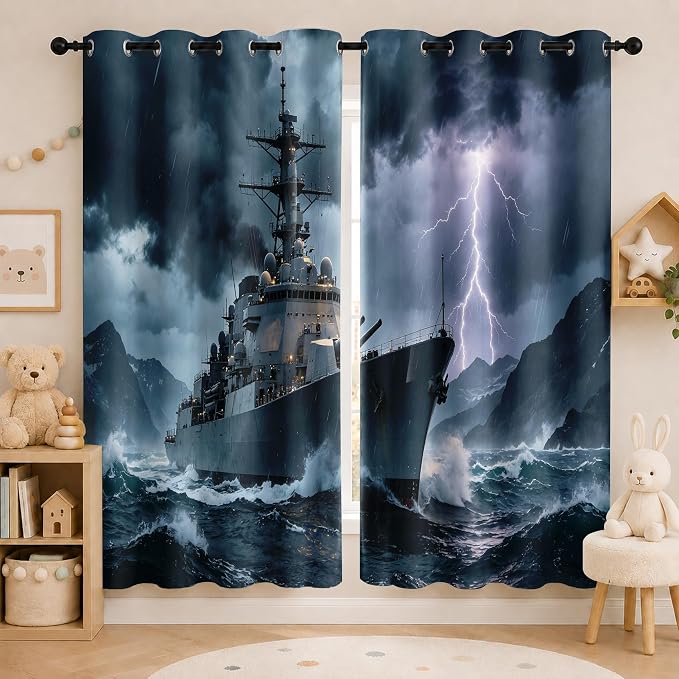 Naval Warship Blackout Curtains 52 x 84 Inch Length Set of 2 | Storm Battleship - Image 2