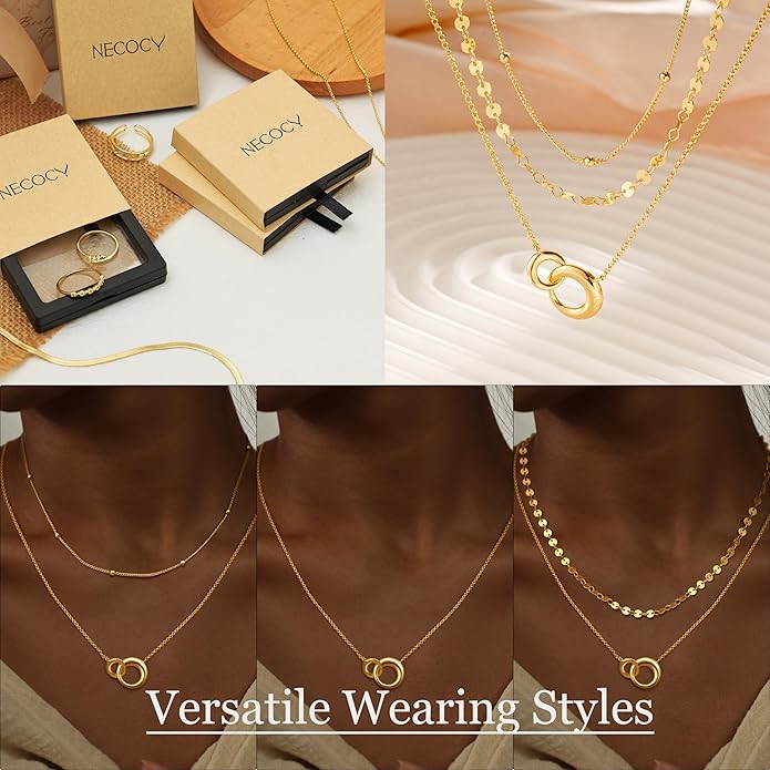NECOCY Valentine's Day Gift 14k Gold/Silver Plated Layered Gold Necklaces for Women, 3Pcs Dainty Herringbone Choker Set, Trendy Stack Simple Chain Layering Pendant Jewelry