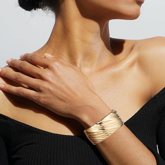HZMAN 18K Gold Plated Wide Cuff Bracelet for Women - Premium Alloy Shiny Polished Double Layer Statement Bangle, Trendy Daily Wear Party Jewelry Accessory