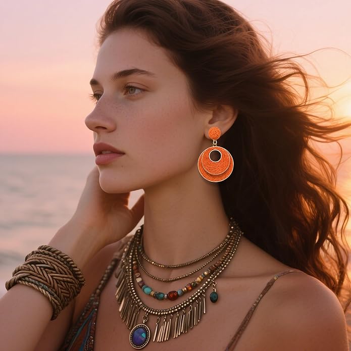 Raffia Hoop Earrings for Women - Boho Straw Wiker Dangle Drop Earrings for Summer Beach, Bohemian Trendy Rattan Jewelry