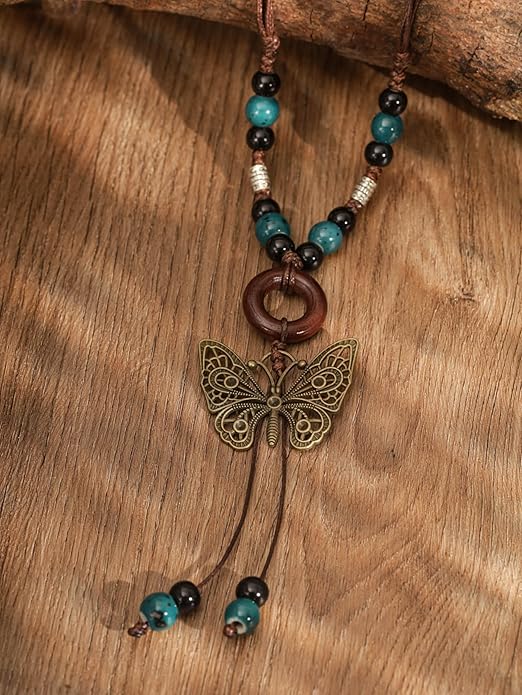 MINACHI Hippie Boho Colorful Ceramic Bead Butterfly Charm Pendant Y Necklace, Vintage Bohemian Statement Jewelry Gift for Women