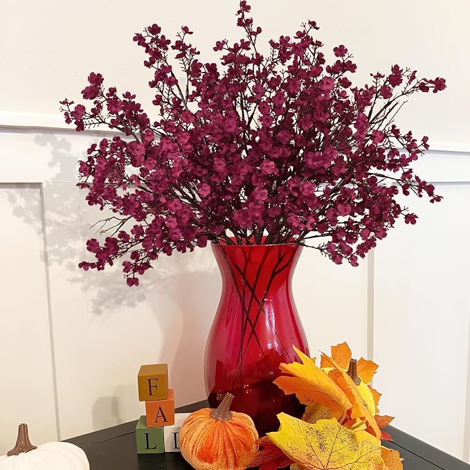 10 Pcs Fall Flowers, Real Touch Babys Breath Artificial Flowers, Burgundy | - Image 2