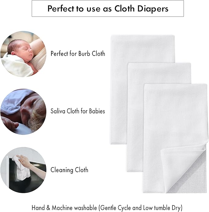 RUVANTI Unisex Birdseye Flat-Fold Cloth Diapers for Babies 15 Pack, 100% Cotton Reusable Diaper Inserts 23x23 Inches, White