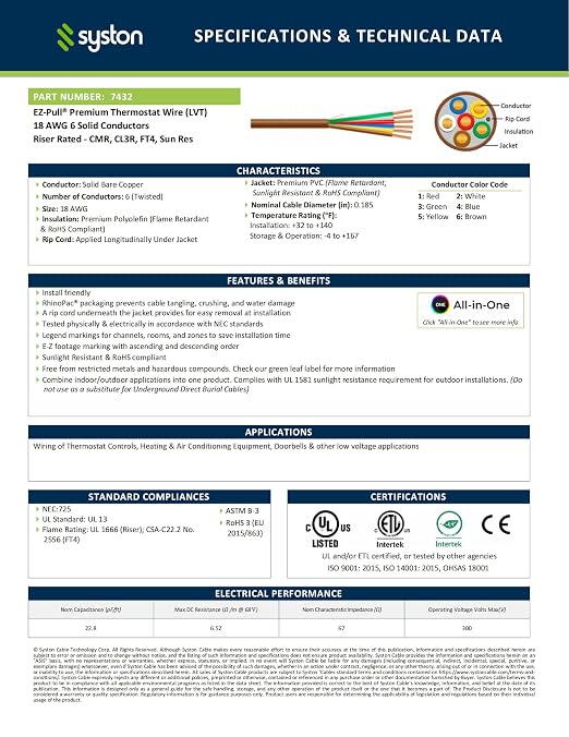Syston 18/6 Thermostat HVAC Cable Wire, 100% Solid Copper, Riser/CL3R/CMR | 18 - Image 2