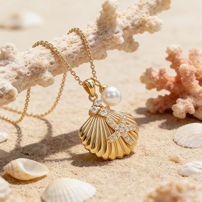 MEVECCO Dainty Gold Pendent Necklace for Women 18K Gold Plated Pearl CZ Starfish Seashell Conch Star Crab Boho Handmade Ocean Chain Necklace Summer Beach Jewelry Gift