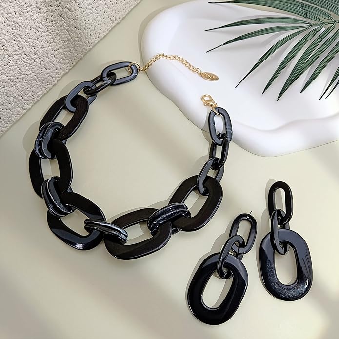 Bocar Acrylic Chunky Statement Necklace for Women Cube Link Chain Collar Necklace and Hoop Earrings Costome Jewelry Set